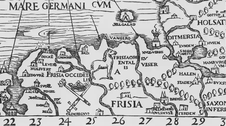 An old black-and-white map of Frisia with Latin place names and a horse illustration, overlaid with the text 'frisia…