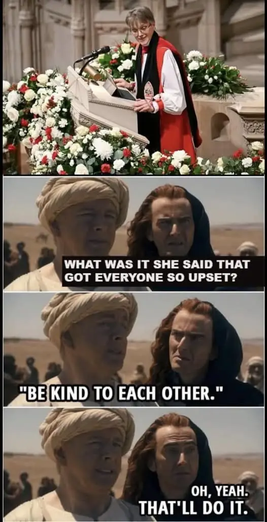 A four-panel meme featuring a woman in red and black clerical robes speaking at a podium surrounded by flowers, followed by…