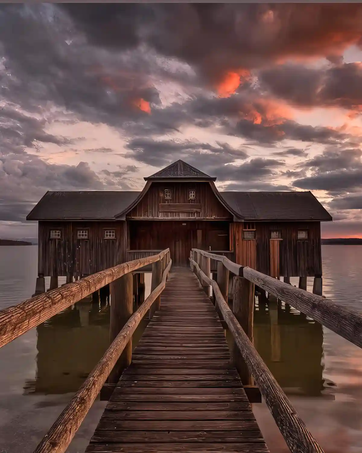 A wooden pier leads to a rustic wooden building on stilts over calm water, under a dramatic sky with dark clouds and…