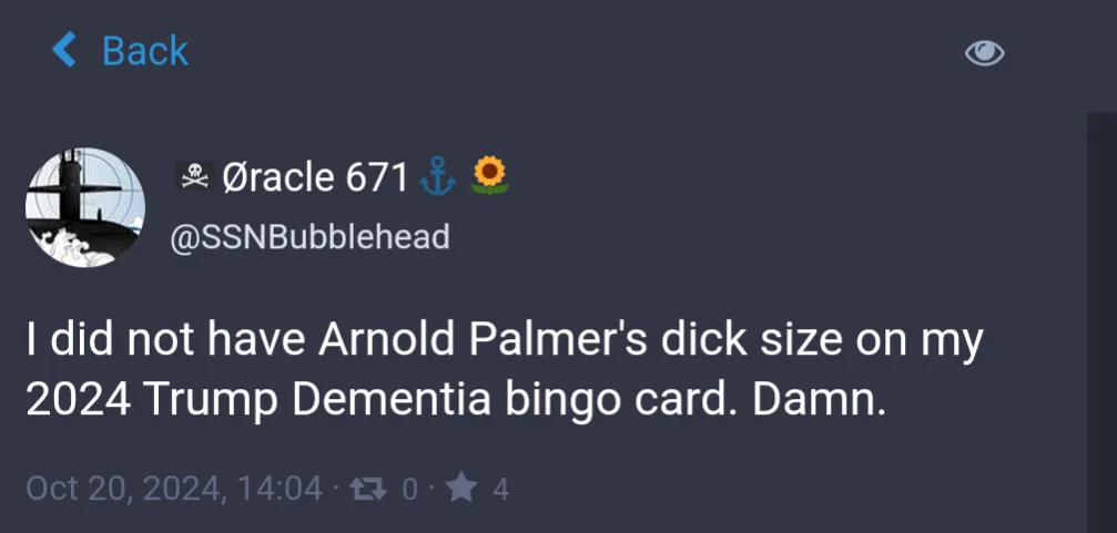 A screenshot of a tweet from user @SSNBubblehead with the handle 'Oracle 671' and a profile picture of a submarine. The…