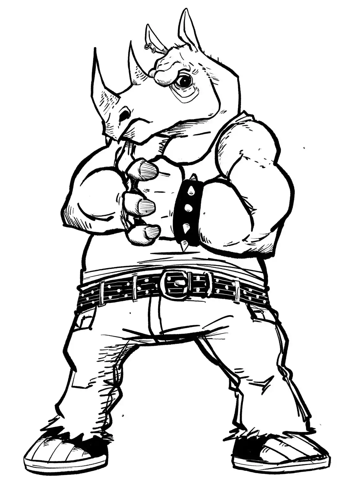 A black-and-white line drawing shows a muscular, anthropomorphic rhinoceros standing upright, wearing jeans, a spiked belt…