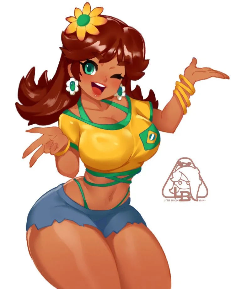 An anime-style illustration of a cheerful woman with brown hair and a yellow flower in her hair, wearing a yellow and green…