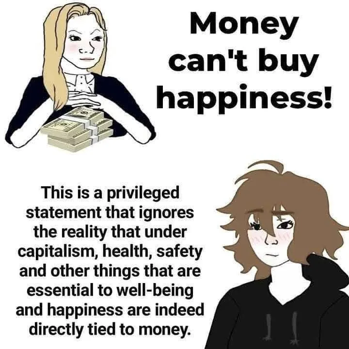 The image shows two cartoon characters. The top one is a blonde woman in a black blazer holding stacks of cash, with the…