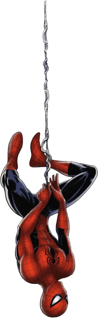 Spider-Man hangs upside down from a single, spiraling web strand against a black background, his body arched and limbs…