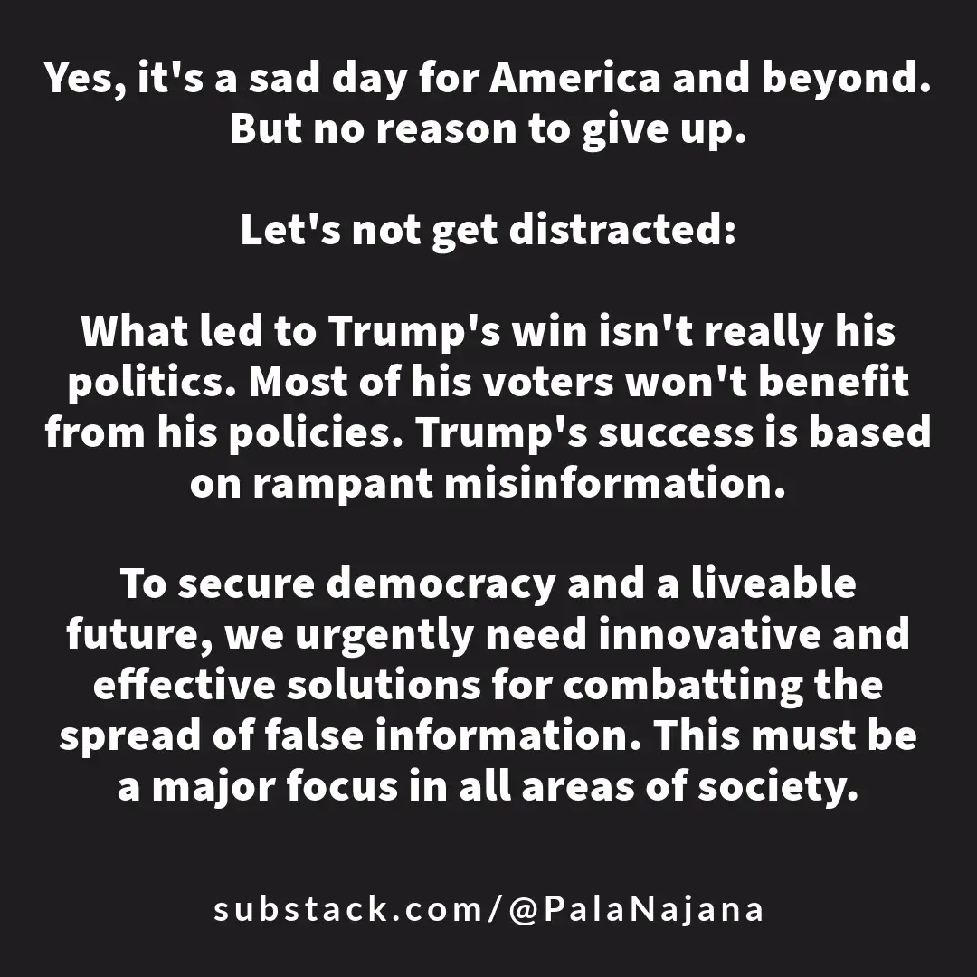 A black background with white text presents a political analysis arguing that Donald Trump's electoral success stems from…