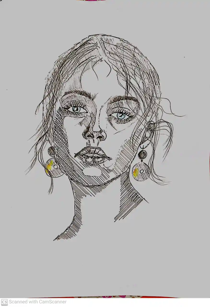 A black-and-white line drawing of a woman's face with blue eyes and large dangling earrings, rendered with sketchy…