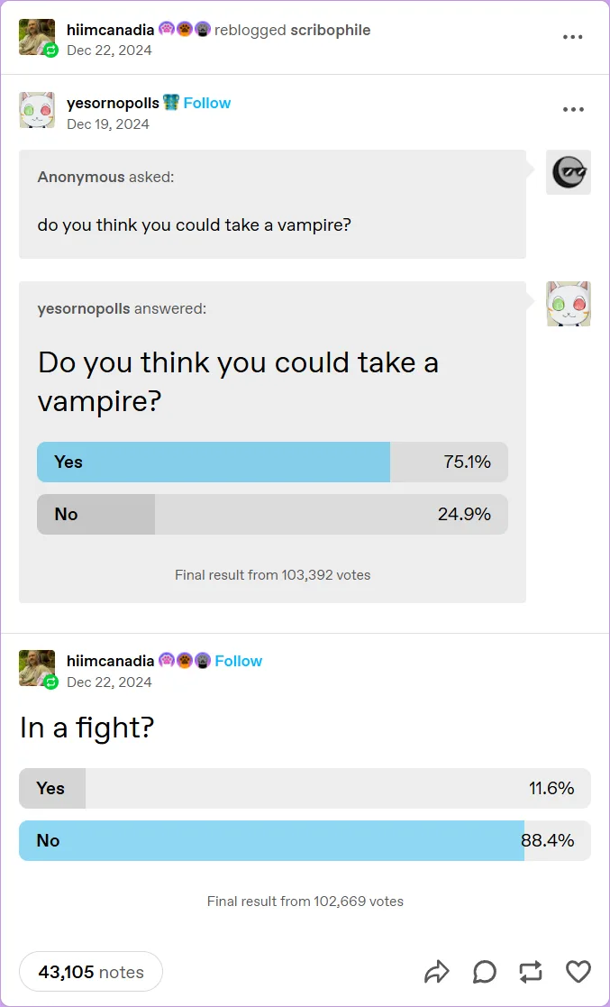 A screenshot of two online polls from a social media platform. The first poll asks if the user could take a vampire, with…
