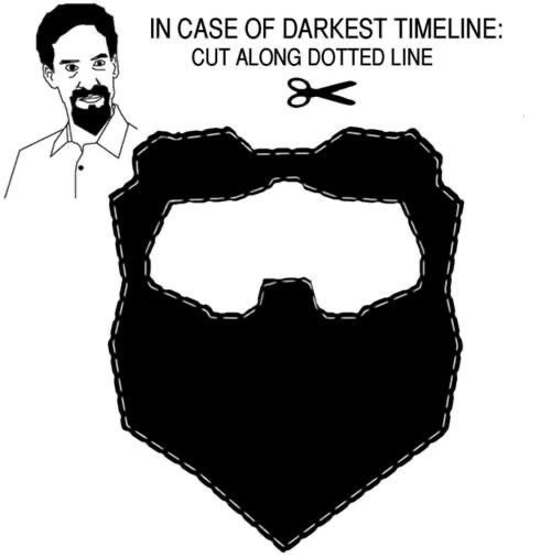 A black-and-white image shows a man's face with a beard, next to a large black shape resembling a beard outline with a…