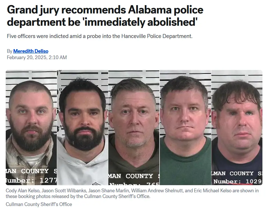 A screenshot of a news article with the headline 'Grand jury recommends Alabama police department be 'immediately…