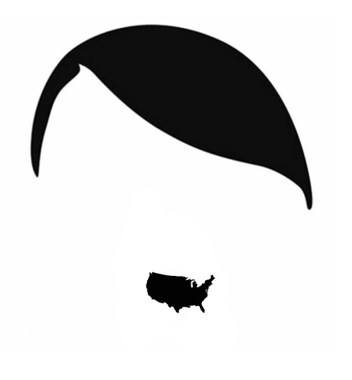The image shows a large, black, stylized comb-over haircut silhouette at the top, with a small black silhouette of the…