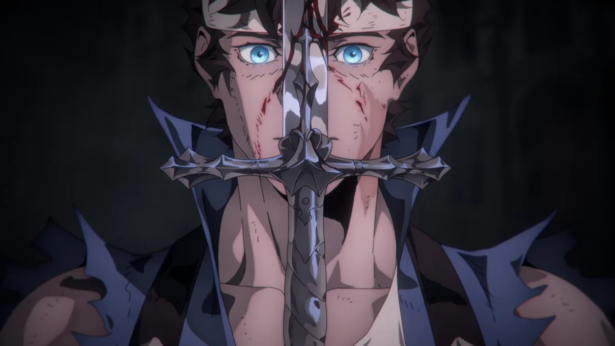 An anime character with blue eyes and dark hair has a sword piercing through his chest, splitting his face in half. The…