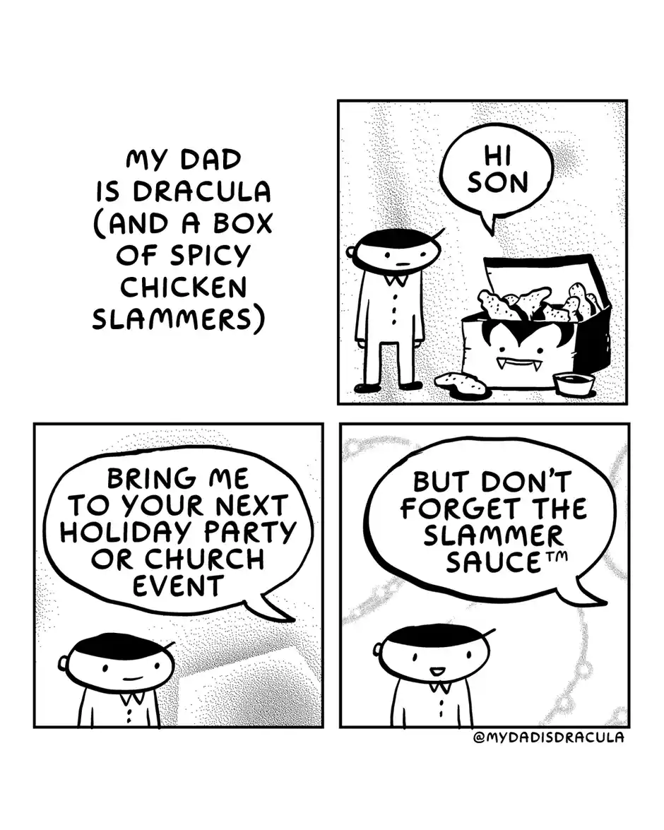A four-panel comic strip shows a son meeting his dad, who is depicted as a vampire with fangs emerging from a box of spicy…
