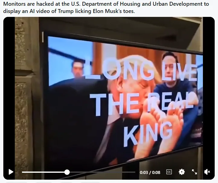 A video player shows a screen displaying an AI-generated image of Donald Trump licking Elon Musk's toes, with large white…