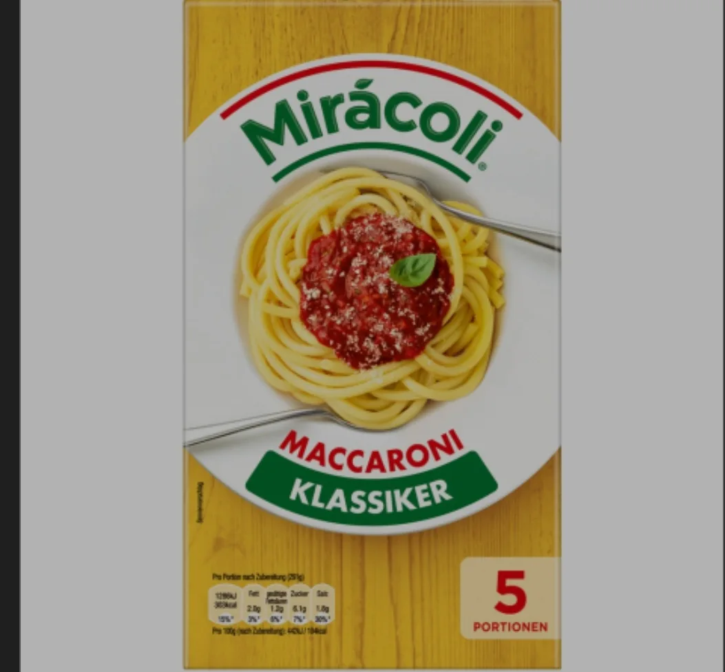 A product box for Mirácoli brand macaroni, showing a photo of cooked pasta with tomato sauce and cheese on a white plate…