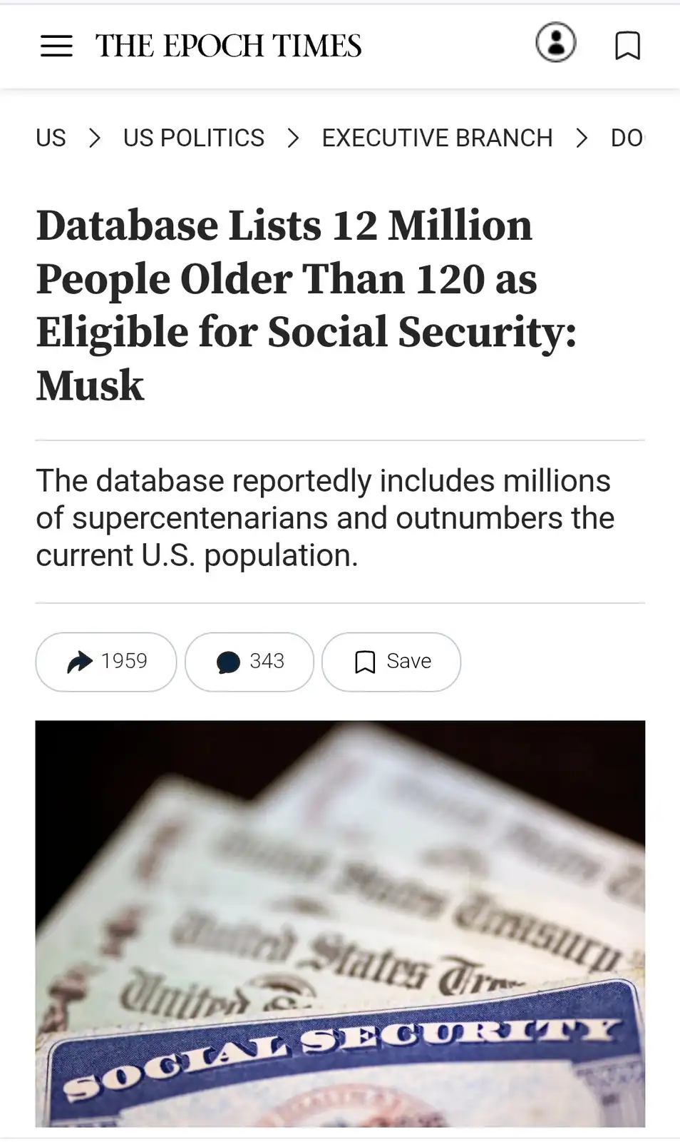 A screenshot of a fake news article from 'The Epoch Times' with the headline 'Database Lists 12 Million People Older Than…