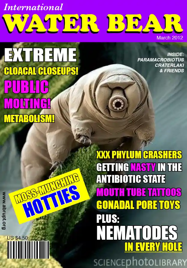 A digitally altered magazine cover parody titled 'International Water Bear' from March 2012, featuring a microscopic image…