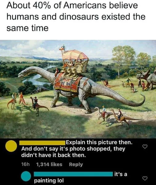 The image shows a colorful, vintage-style painting depicting humans riding and interacting with large dinosaurs in a…