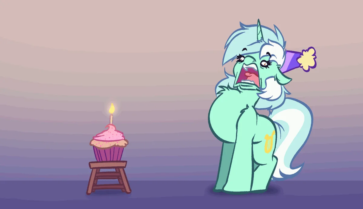 A light blue pony with a purple party hat stands before a cupcake with a single candle. In a sequence of panels, the pony…