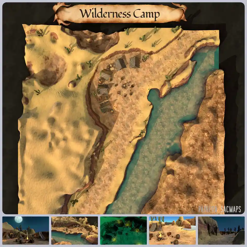 An overhead view of a desert map labeled 'Wilderness Camp' showing a small campsite with tents and supplies beside a river…