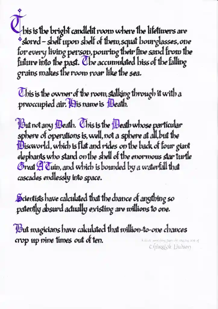 The image displays a text passage in a stylized, gothic font with some words highlighted in purple. The text describes a…