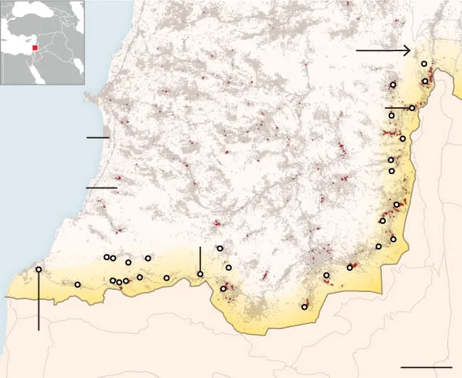 a map of israel with red dots concentrated along its eastern border, a yellow shaded zone, and white circles marking…