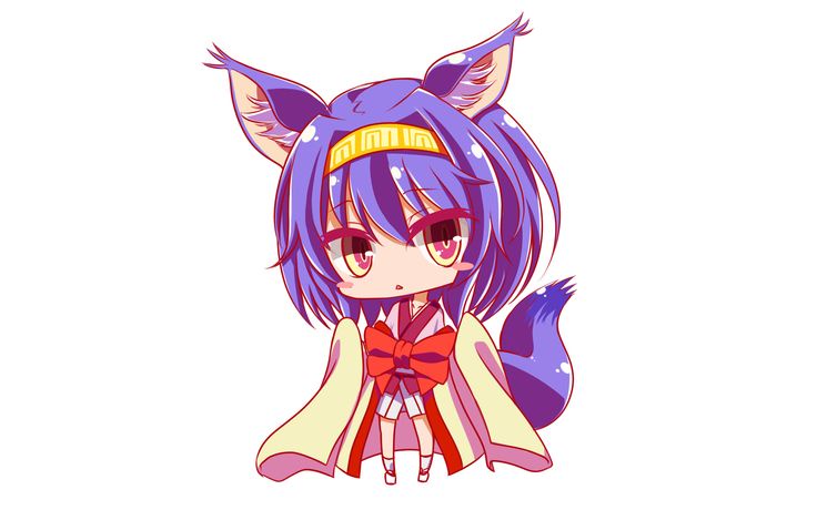 A chibi-style anime girl with purple hair, fox ears, and a fox tail wears a traditional Japanese kimono with a red bow. She…