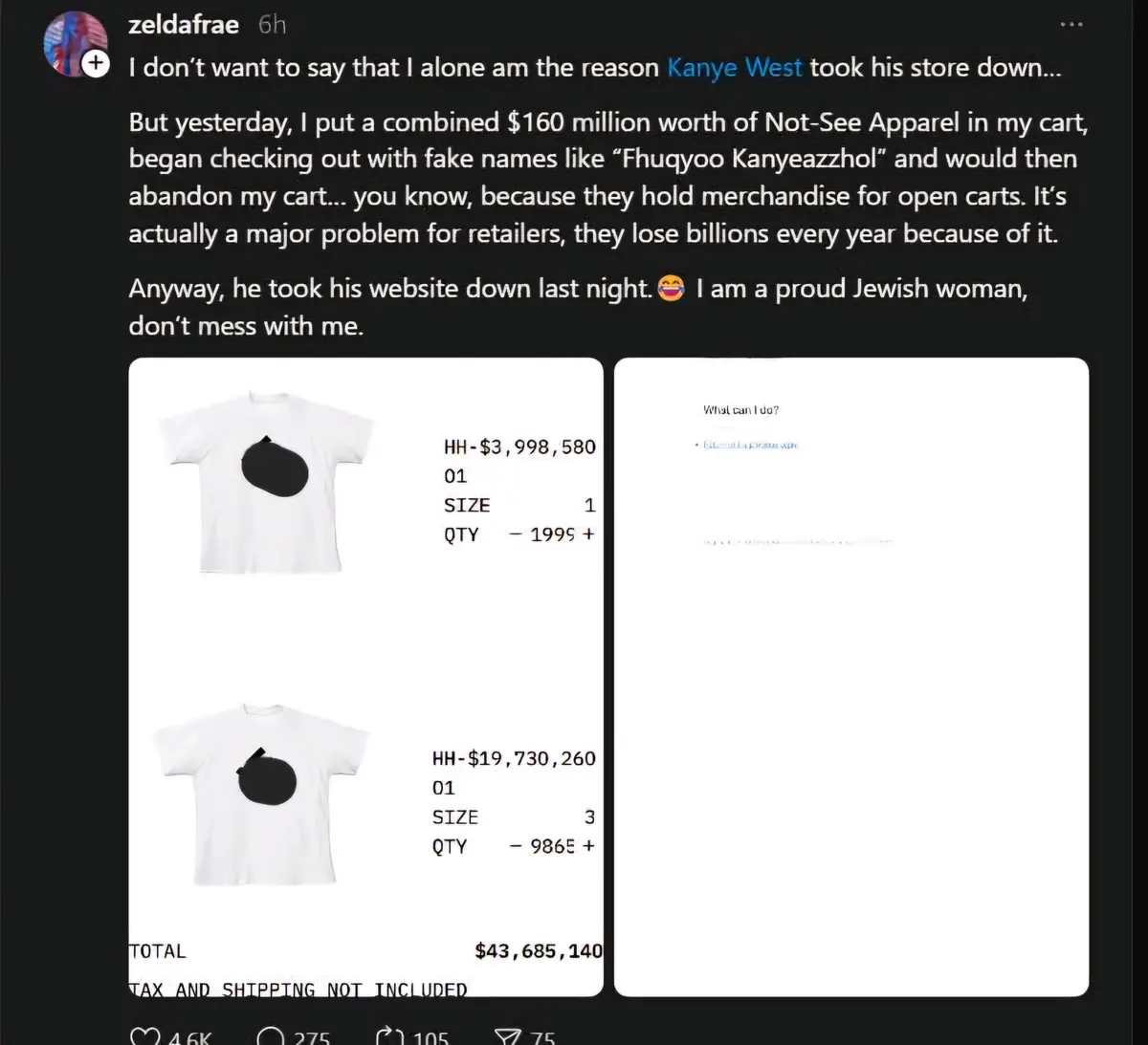 A screenshot of a social media post showing a shopping cart with two expensive white t-shirts, one priced at $3,998,580 and…