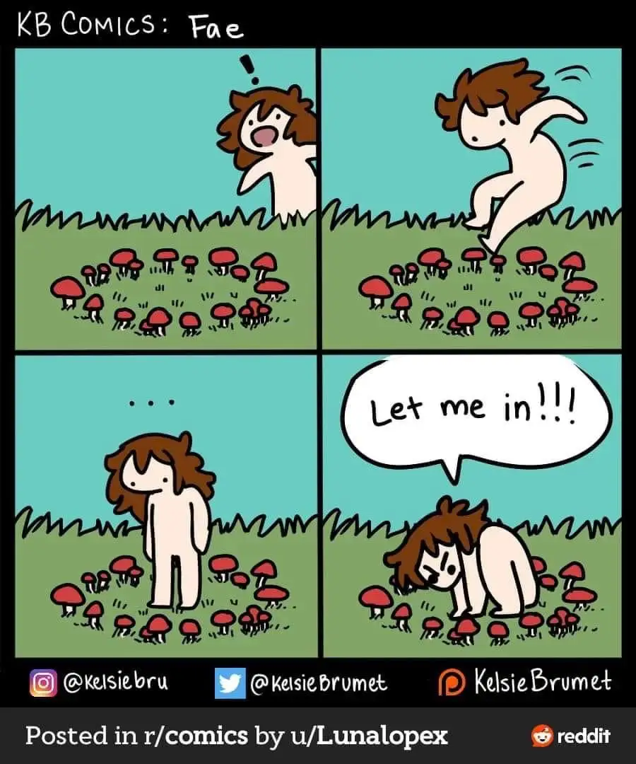 A four-panel comic shows a cartoon fae character initially excitedly jumping toward a patch of red mushrooms, then standing…