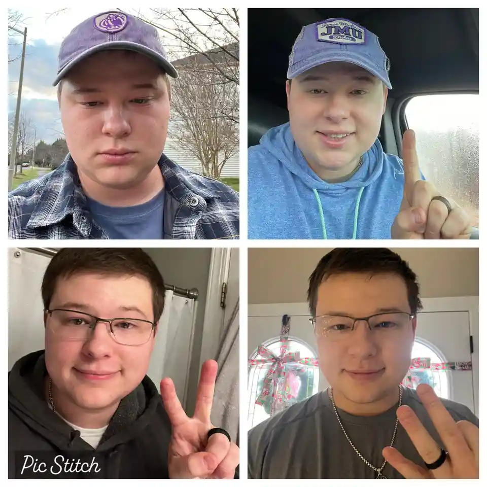 A four-panel image shows the same man in different settings and outfits: outdoors in a plaid shirt, in a car wearing a JMU…