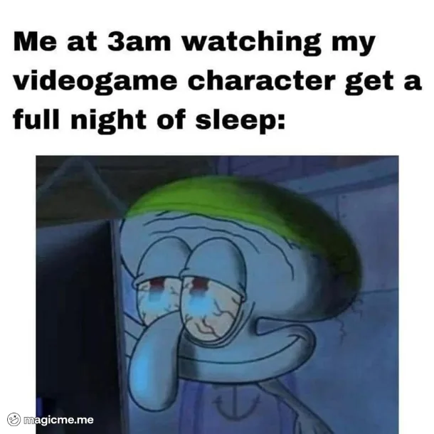 The image shows the animated character Squidward from SpongeBob SquarePants looking extremely tired and exhausted, with…