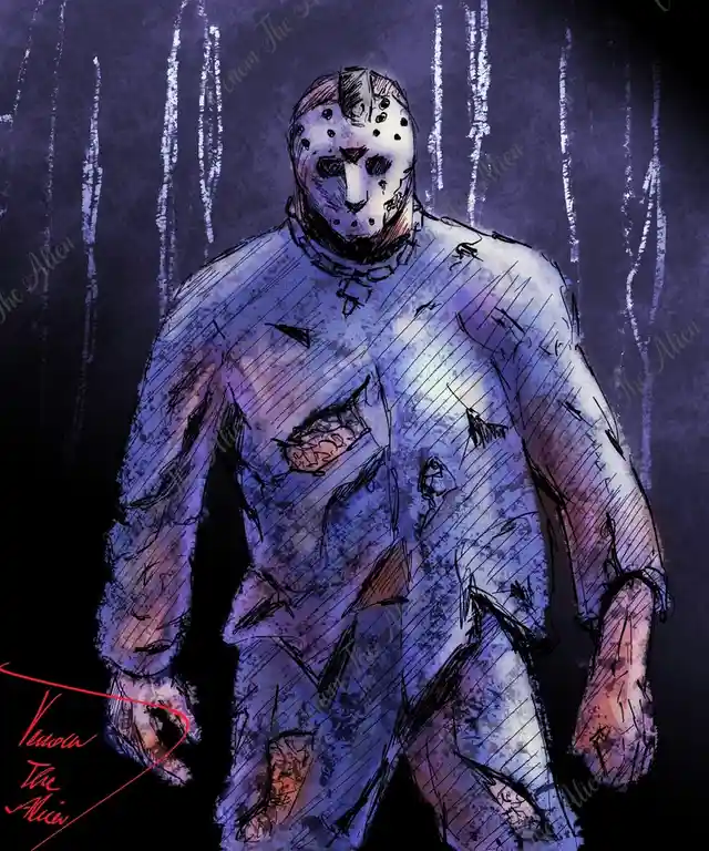 A stylized, sketchy illustration depicts a tall, muscular figure wearing a hockey mask and a torn, tattered jumpsuit…
