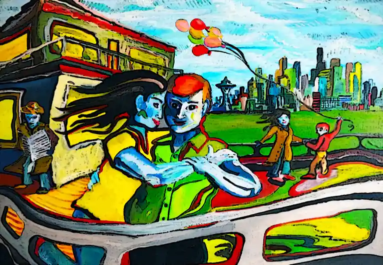 A colorful, stylized cartoon depicts a couple in a car with balloons, set against a backdrop of a city skyline that includes…