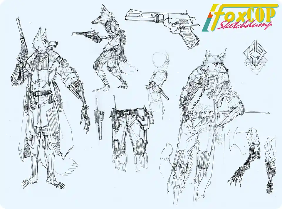 A collection of black-and-white concept sketches for a character named 'FoxCOP,' showing various poses, weapon designs, and…