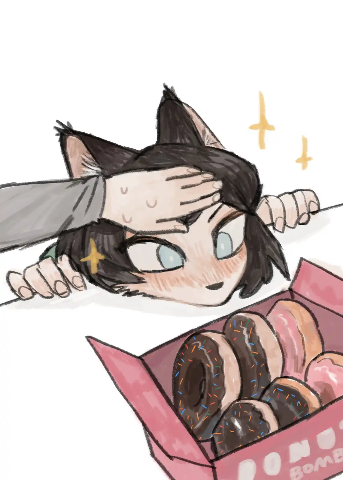 A chibi-style anime character with cat ears and short dark hair peers eagerly over a pink box labeled 'DONUT BOMB', which…