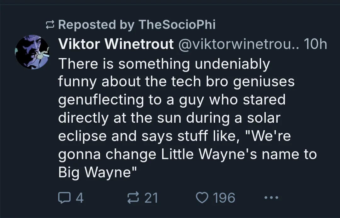 The image displays a screenshot of a tweet by Viktor Winetrout, reposted by TheSocioPhi. The tweet's text humorously…