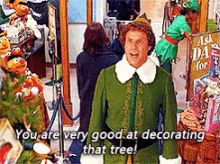 A six-panel image sequence from the movie 'Elf' shows the character Buddy (played by Will Ferrell) in a green elf costume…