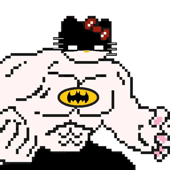 A pixelated image of Hello Kitty with a muscular, shirtless body, wearing a black bat symbol on her chest and a red bow on…
