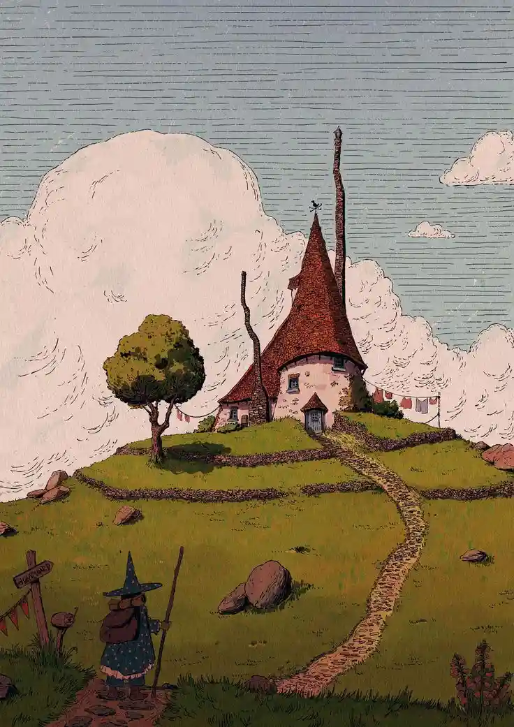 A whimsical illustration shows a small, quaint cottage perched atop a grassy hill, with a winding stone path leading up to…