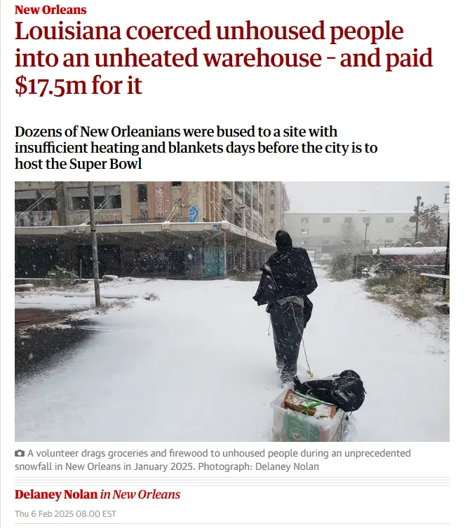 A news article screenshot shows a person in a black hooded jacket walking through deep snow, pulling a wheeled cart with…