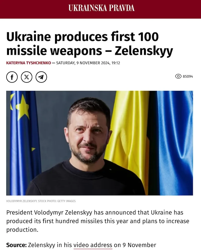 A screenshot of a news article from 'Ukrainska Pravda' dated November 9, 2024, featuring a photo of Ukrainian President…