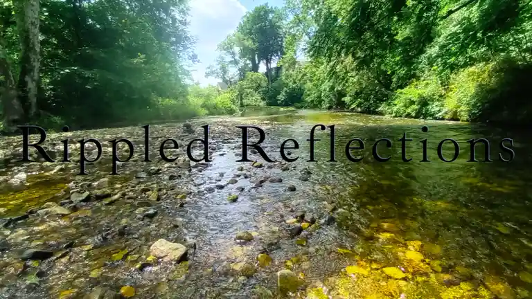A serene, sunlit river flows over rocks with lush green trees lining both banks, and the text 'Rippled Reflections' is…