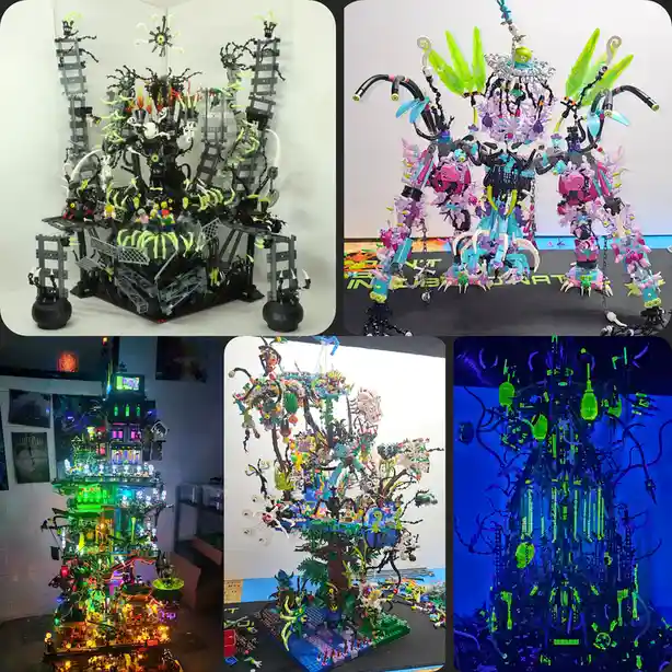A collage of five intricate, elaborate, and often monstrous-looking LEGO builds, including a black and green fortress, a…