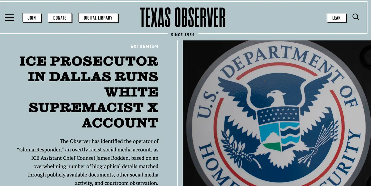 The image shows a screenshot of a Texas Observer news article with the headline 'ICE PROSECUTOR IN DALLAS RUNS WHITE…
