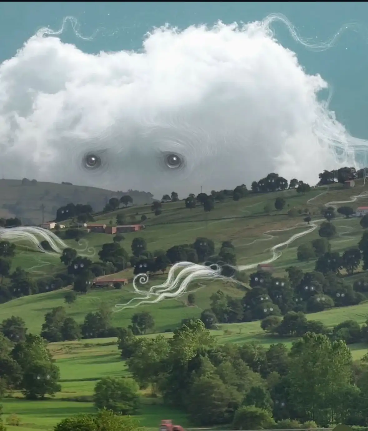 A serene landscape of green hills and trees under a large, fluffy cloud that has been digitally edited to have two large…