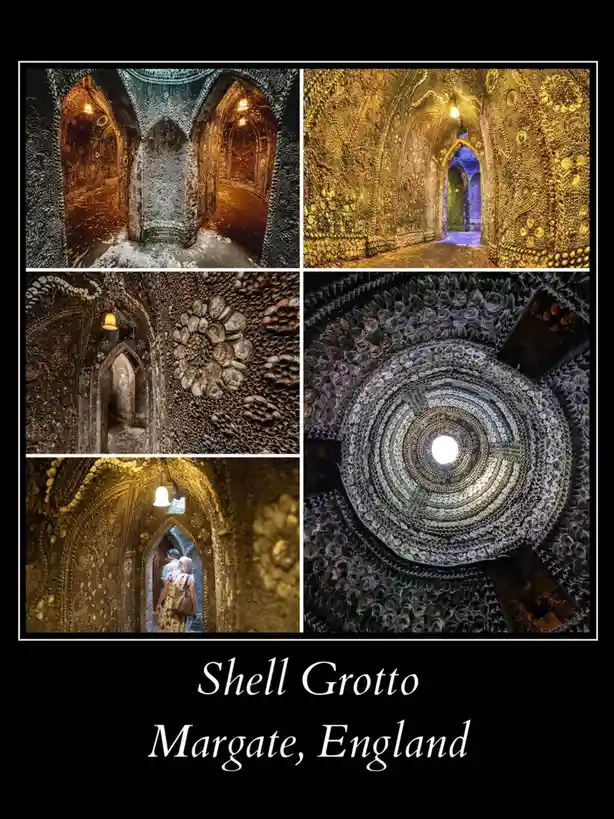 A collage of five photos showing the ornate, shell-covered interior of the Shell Grotto in Margate, England, featuring…