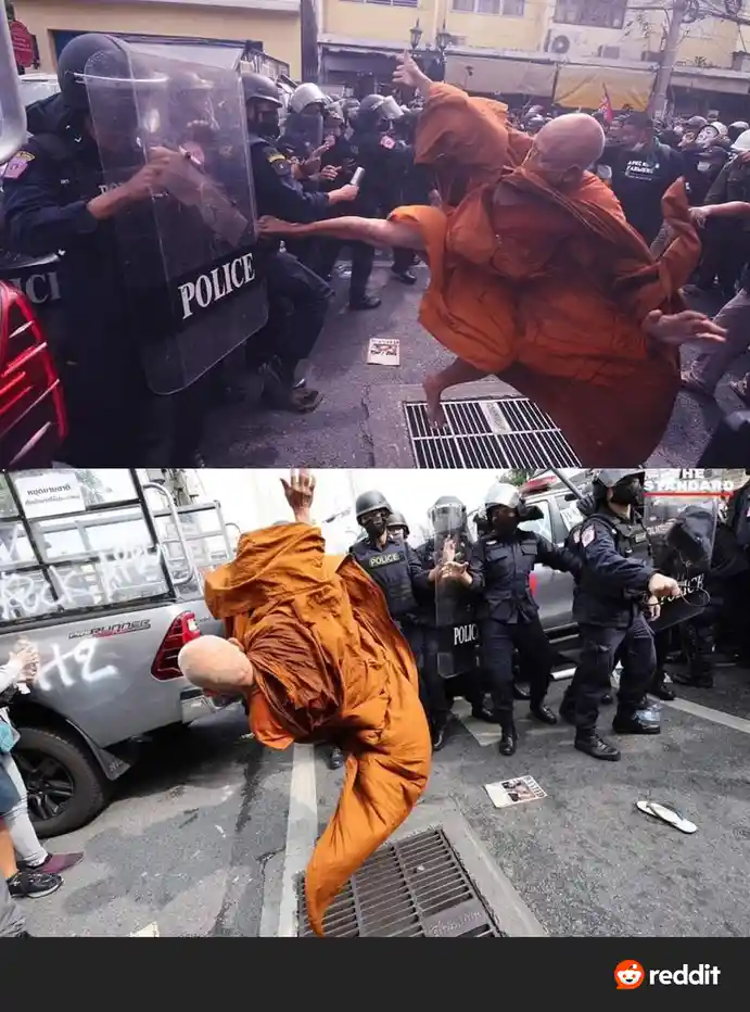 Two photos show a Buddhist monk in orange robes dramatically leaping over a police line during a protest. In both images…