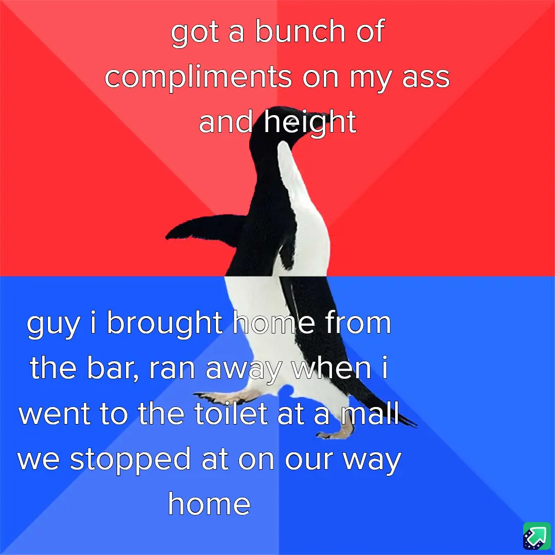 A penguin stands upright against a red and blue background, split horizontally. White text overlays the image in two…