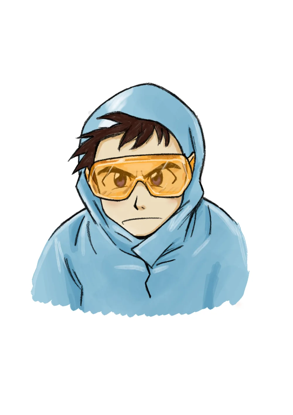 A cartoon drawing of a person wearing a light blue hooded jacket and large orange-tinted safety goggles, with a stern…
