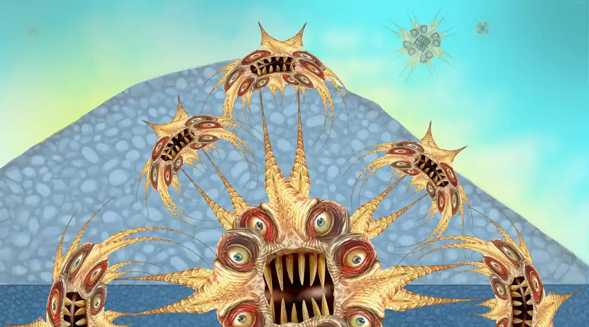 A surreal digital artwork depicts a monstrous, multi-headed creature with multiple eyes and sharp teeth emerging from a…