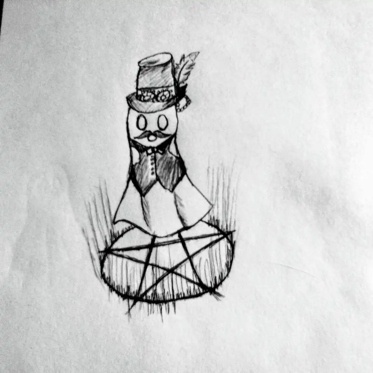 A hand-drawn black-and-white sketch shows a snowman wearing a top hat with a feather, a mustache, and a bowtie, sitting atop…